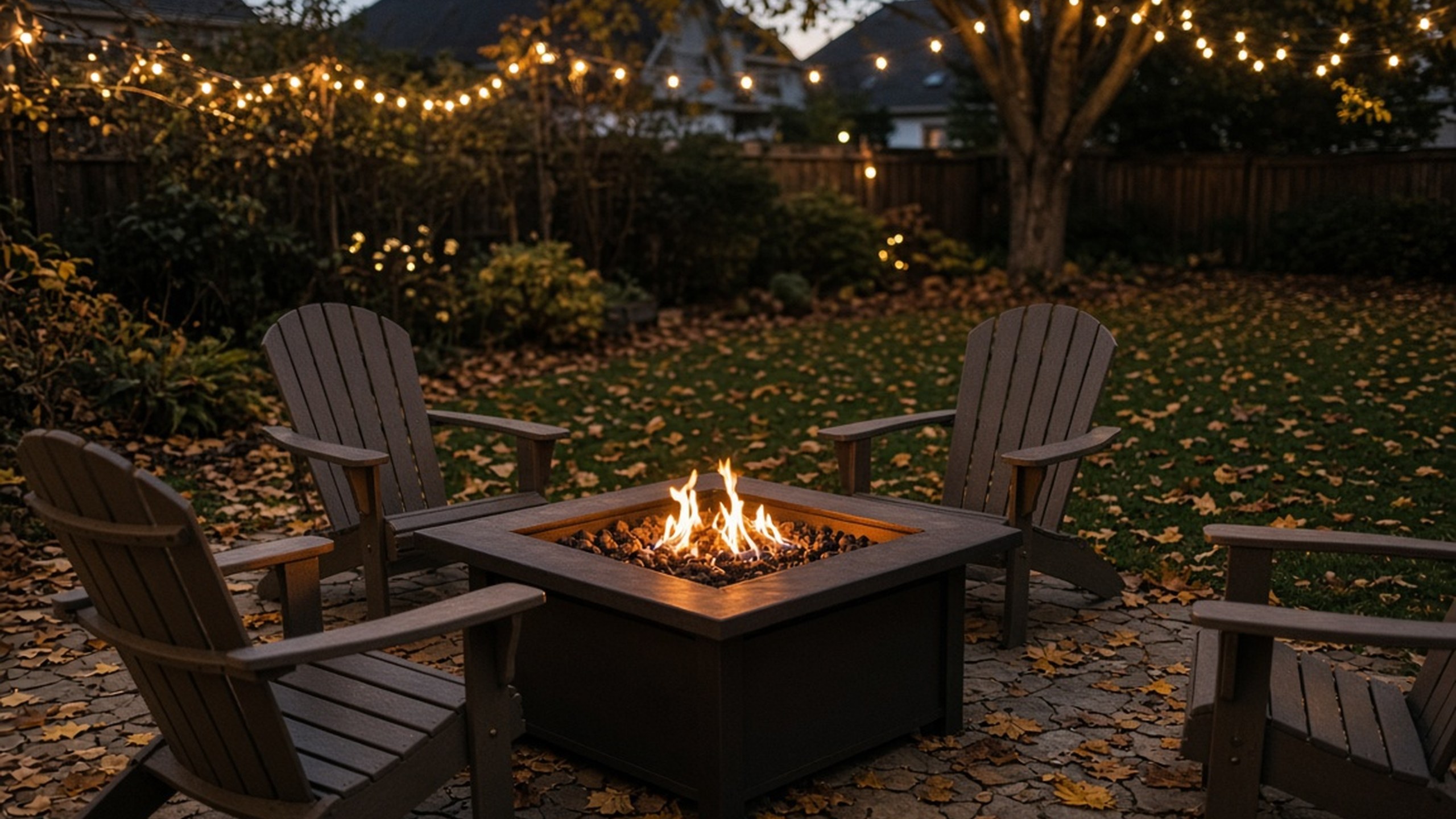 Backyard fire pit and chairs after a gathering