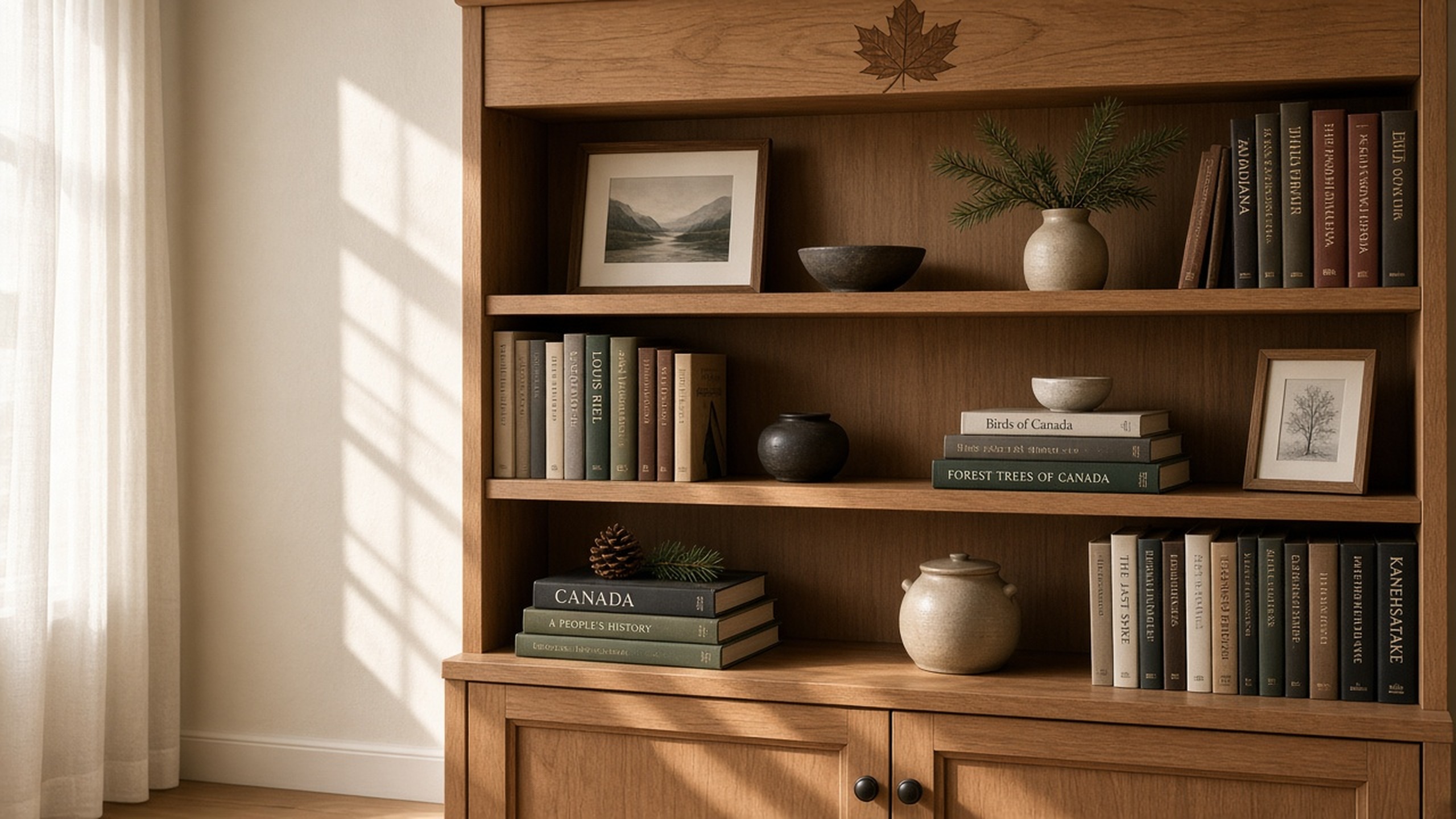 Canadian bookshelf with maple leaf motif and quiet holiday light