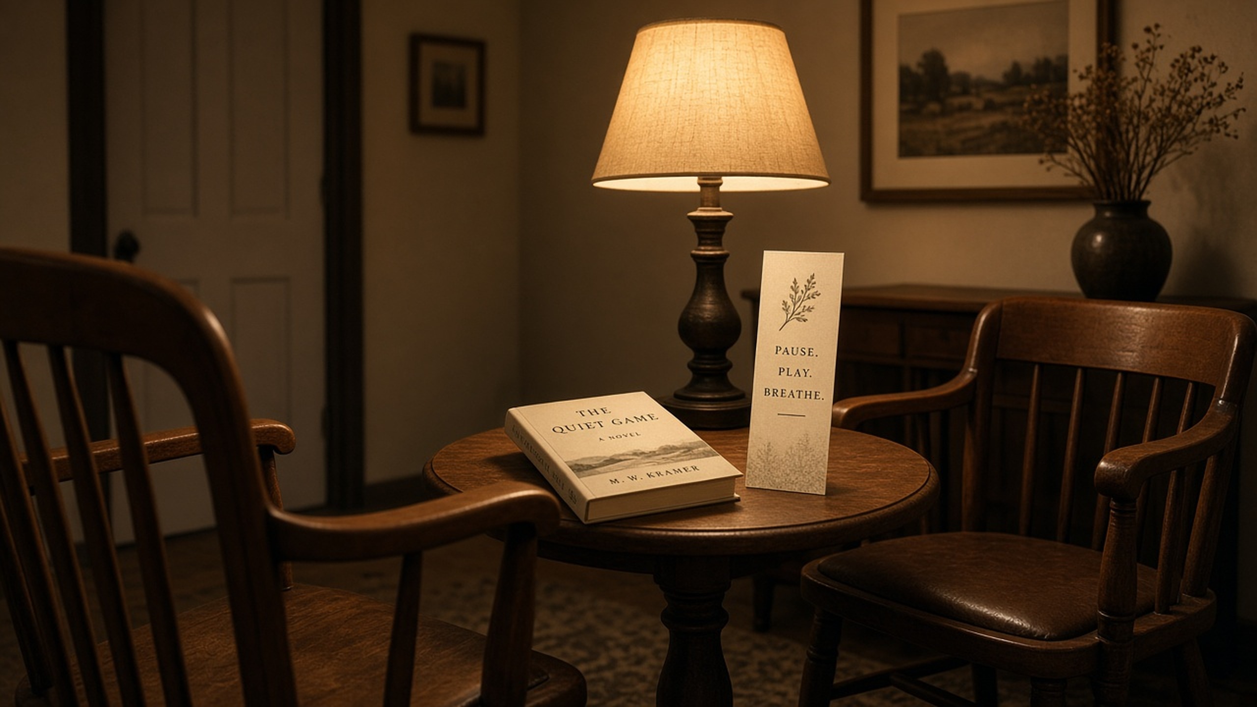 Two chairs, a lamp, a paperback, and a bookmark card on a small table