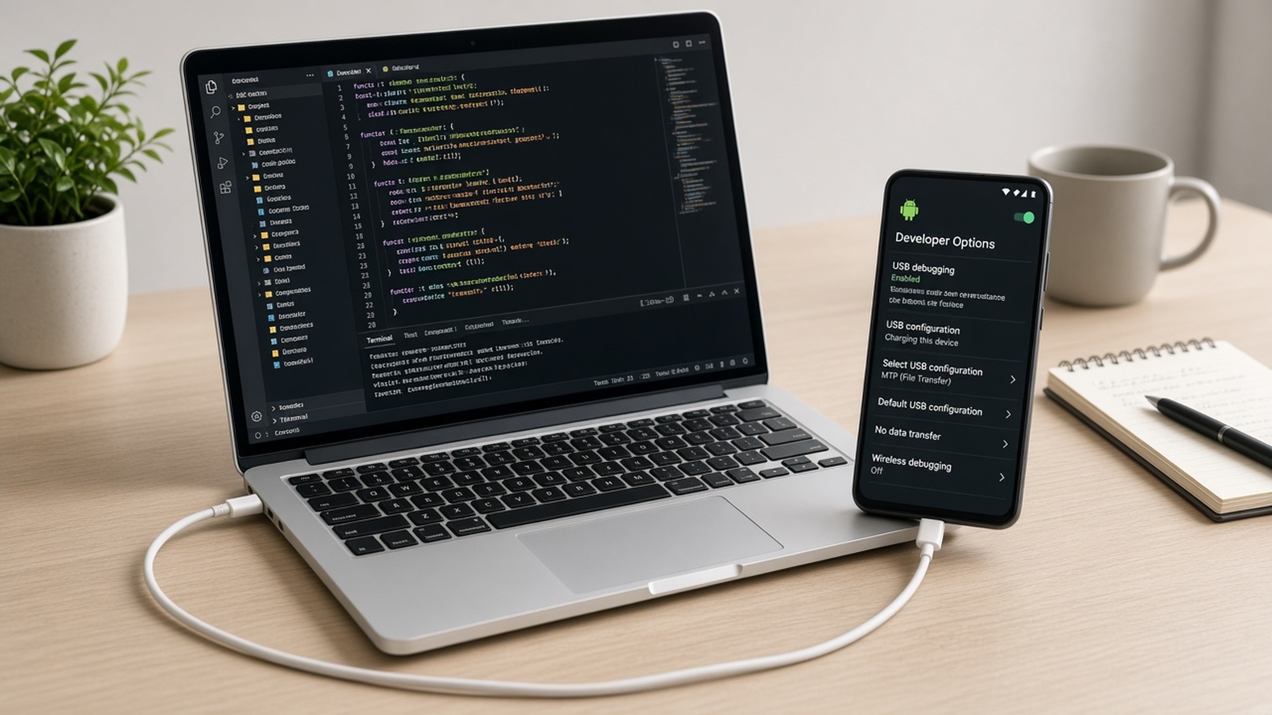 Laptop and Android phone connected by USB cable on a clean desk