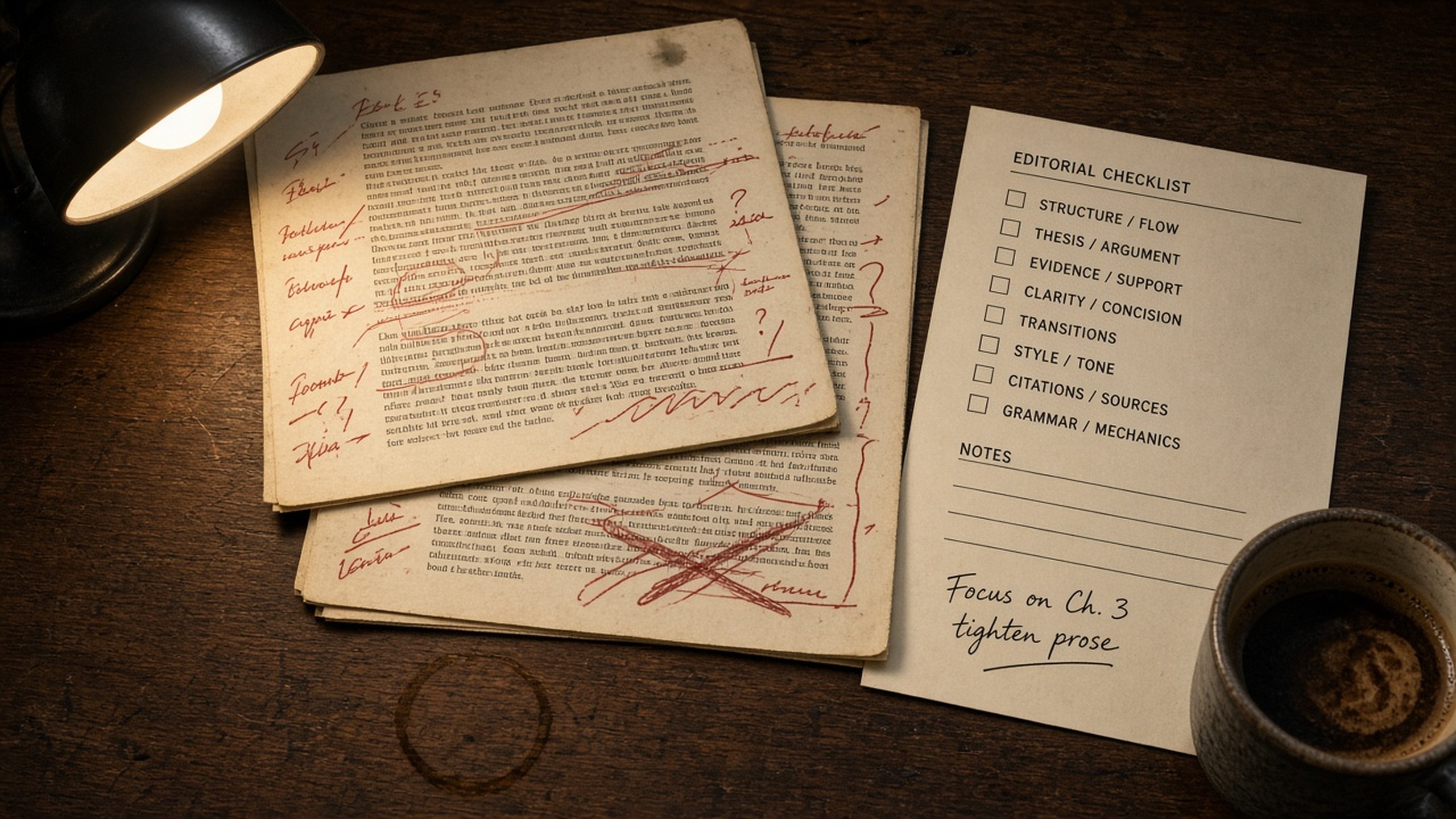 Marked up manuscript pages with red pencil and a checklist