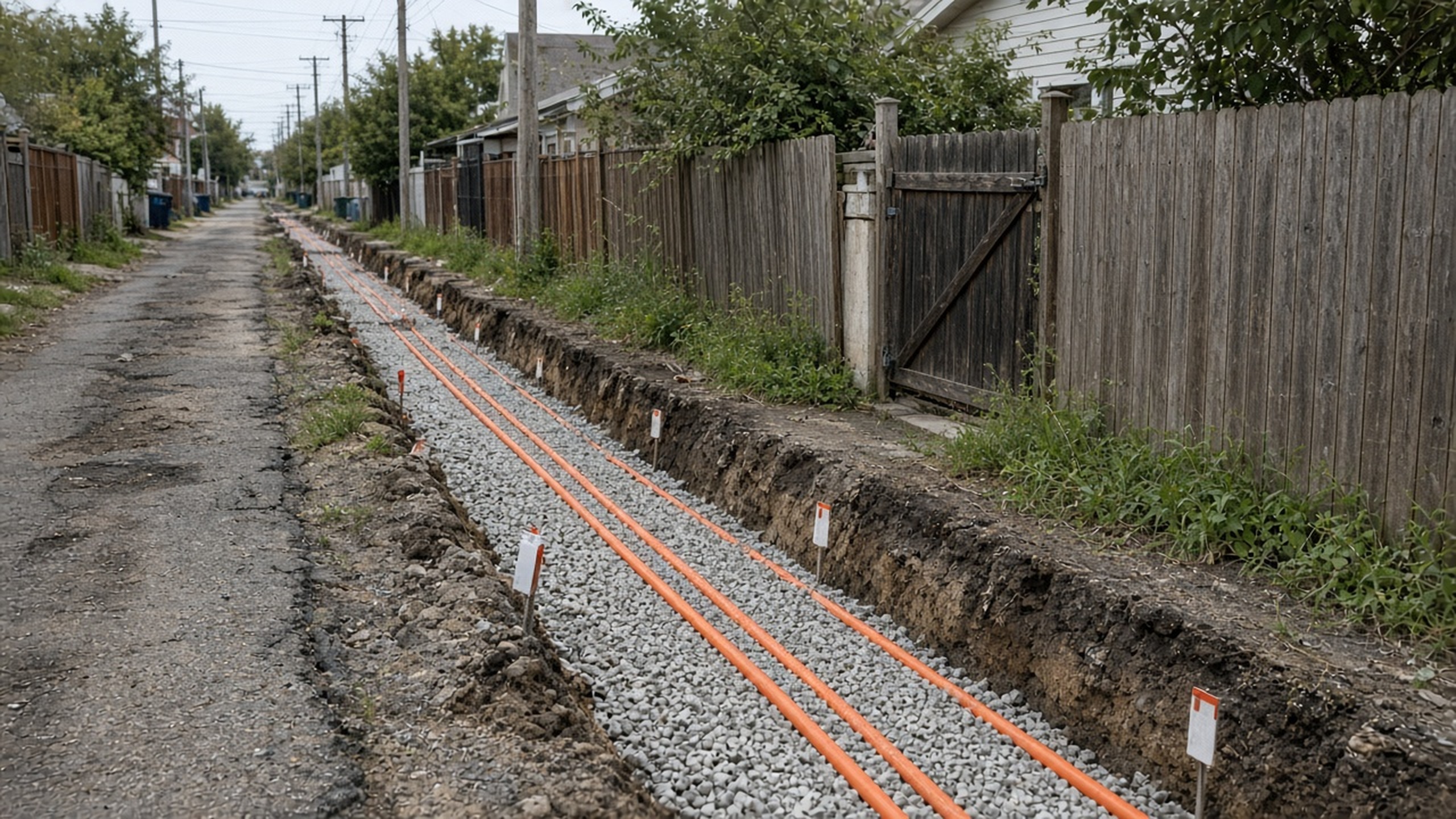 Alley utility trench with orange fiber conduit and repair markers