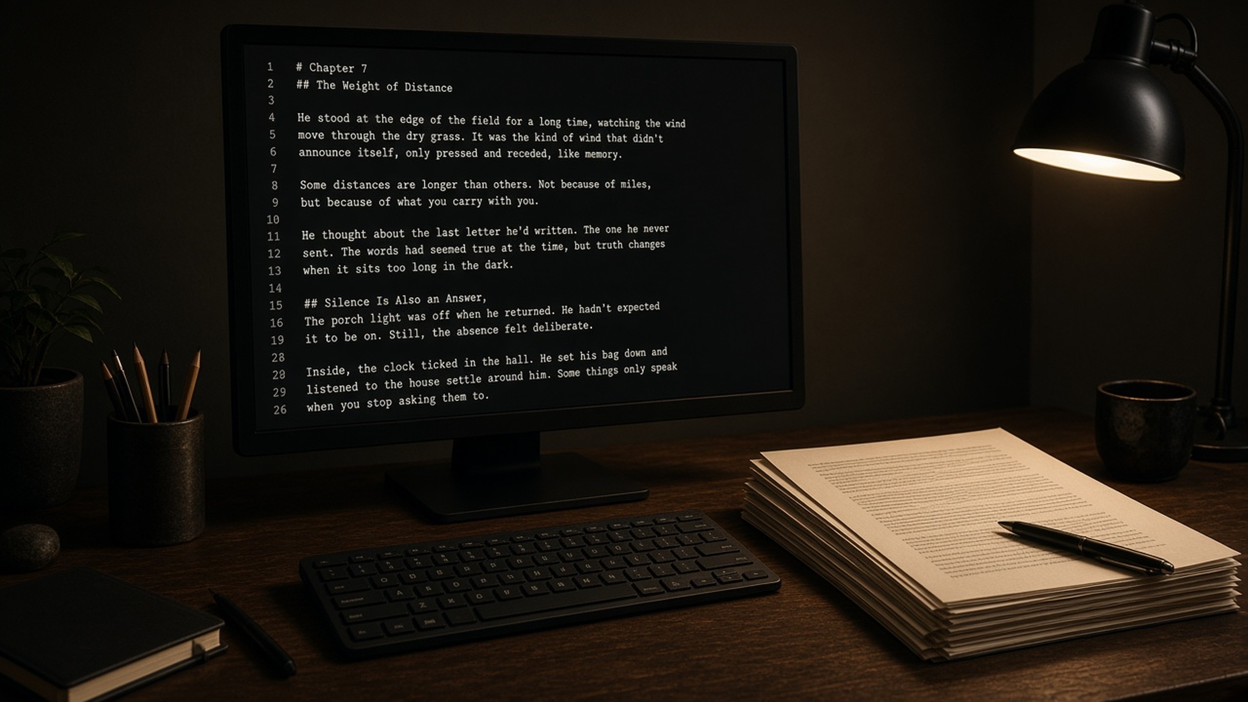Local workstation with markdown file open and printed chapter stack