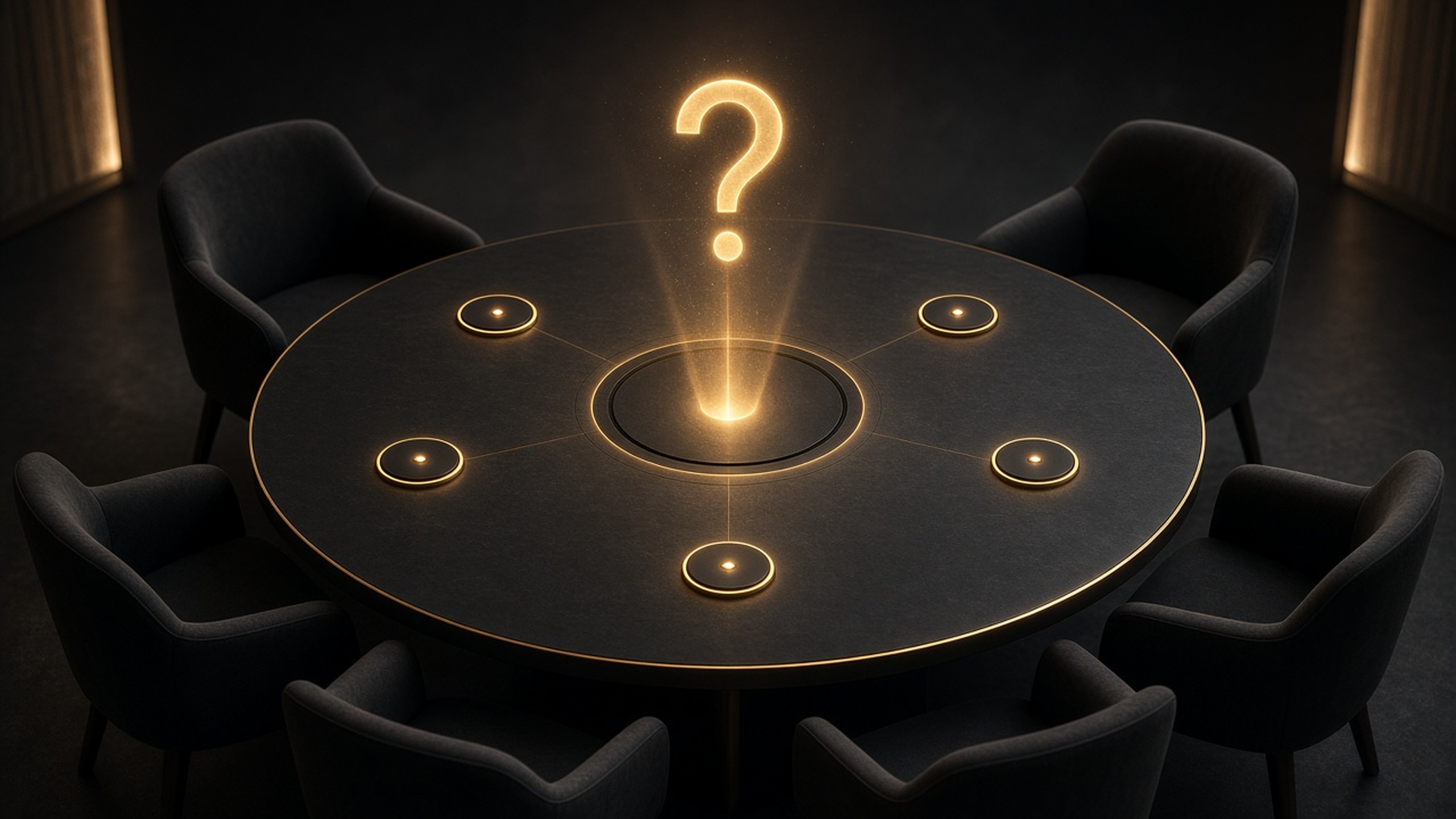 Round table with five glowing seat markers and one question floating above