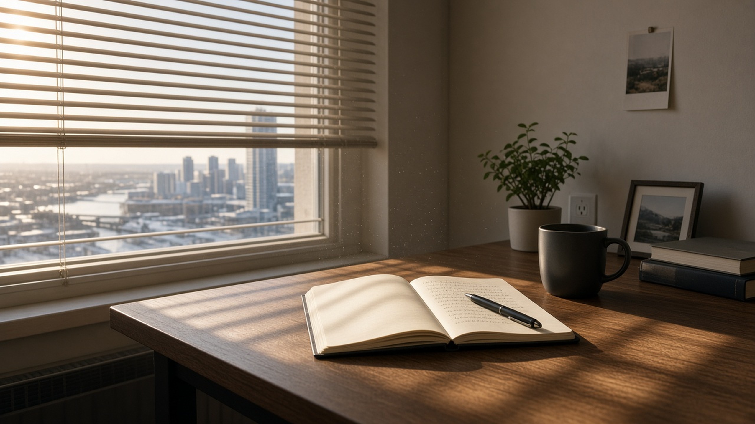Morning Edmonton light through apartment blinds onto a quiet desk
