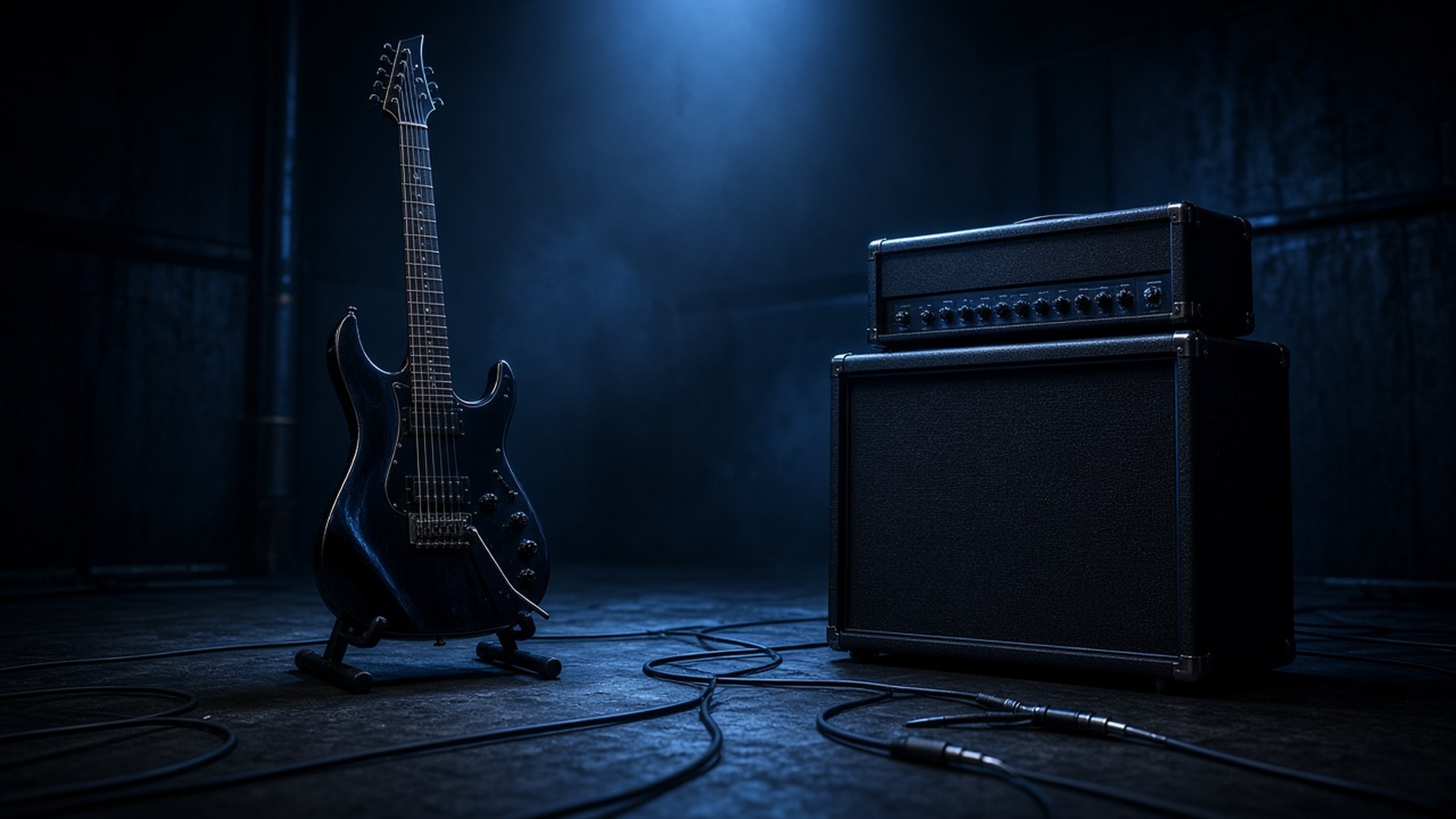 Electric guitar and amp in a dark room with cool blue stage light