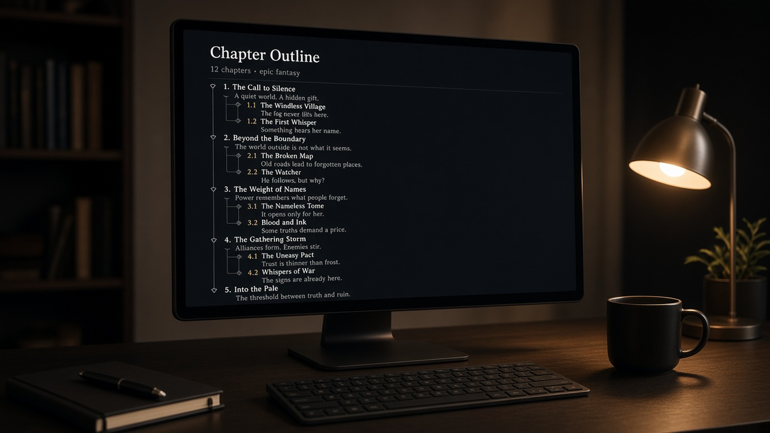 Novelmate product still: local studio monitor with chapter outline glowing