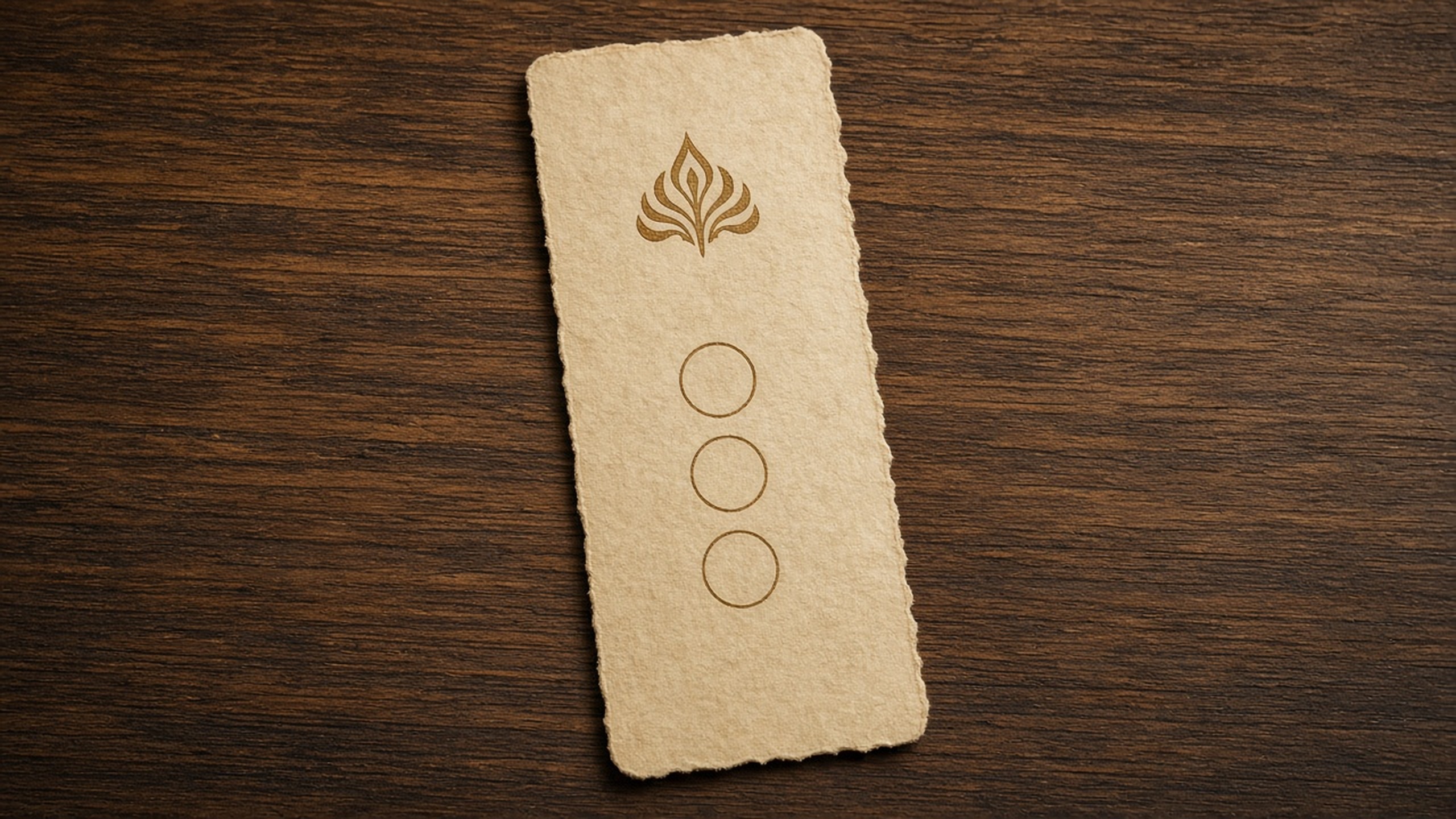 Warm parchment bookmark card with a foundation symbol and empty status circles