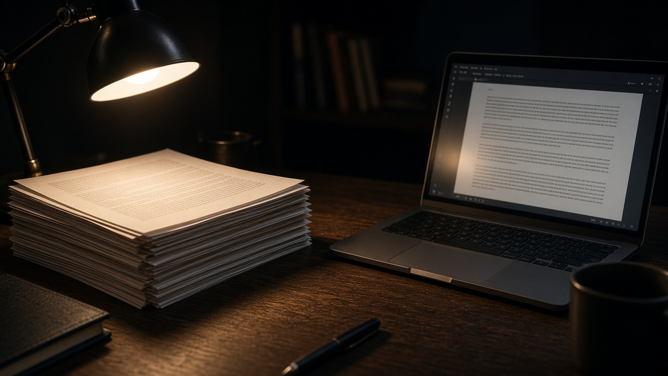Thick stack of manuscript pages beside a glowing laptop in a dark study