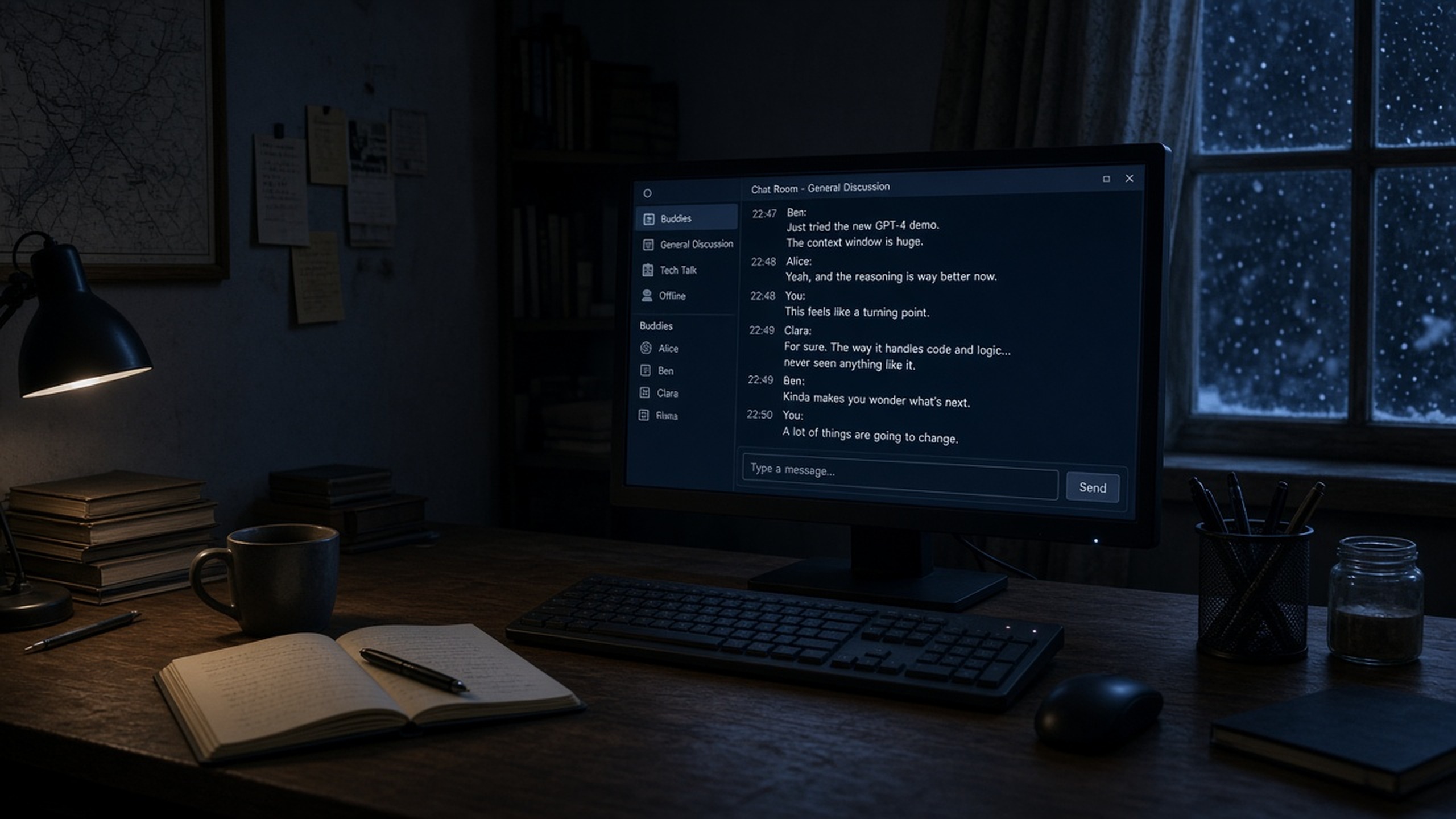Winter desk in 2023 with early chat windows open on a dark monitor