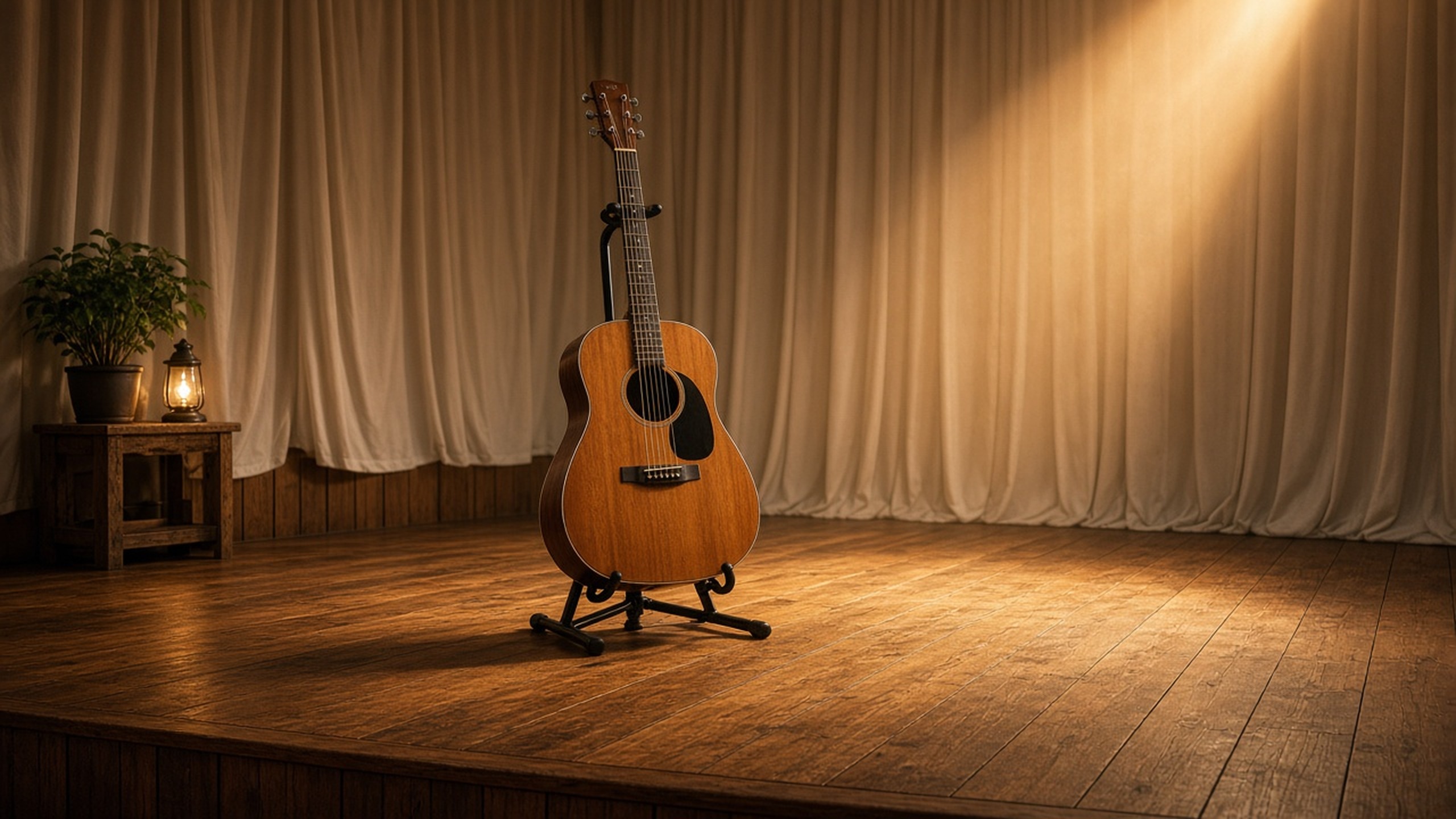 Warm wood stage with cream light, gold trim, and an acoustic guitar