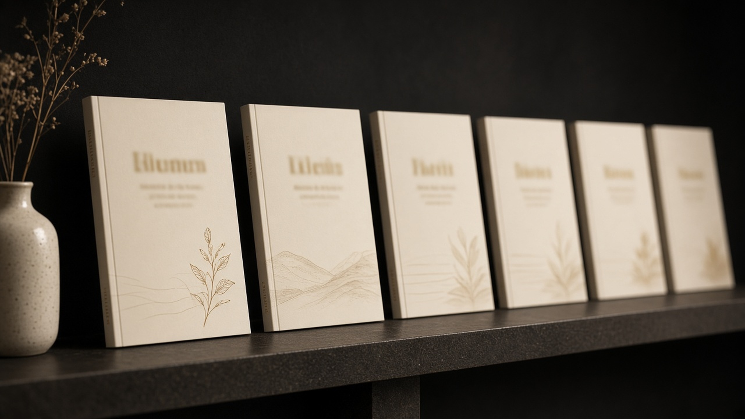 Shelf of short field guide covers in warm cream and gold