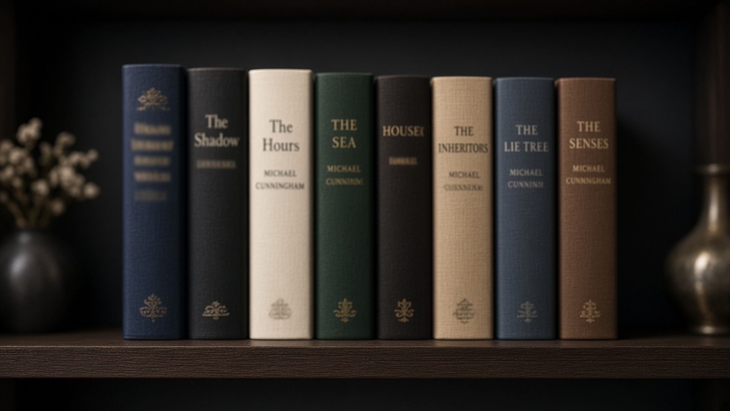 Eight keeper book covers arranged on a dark shelf