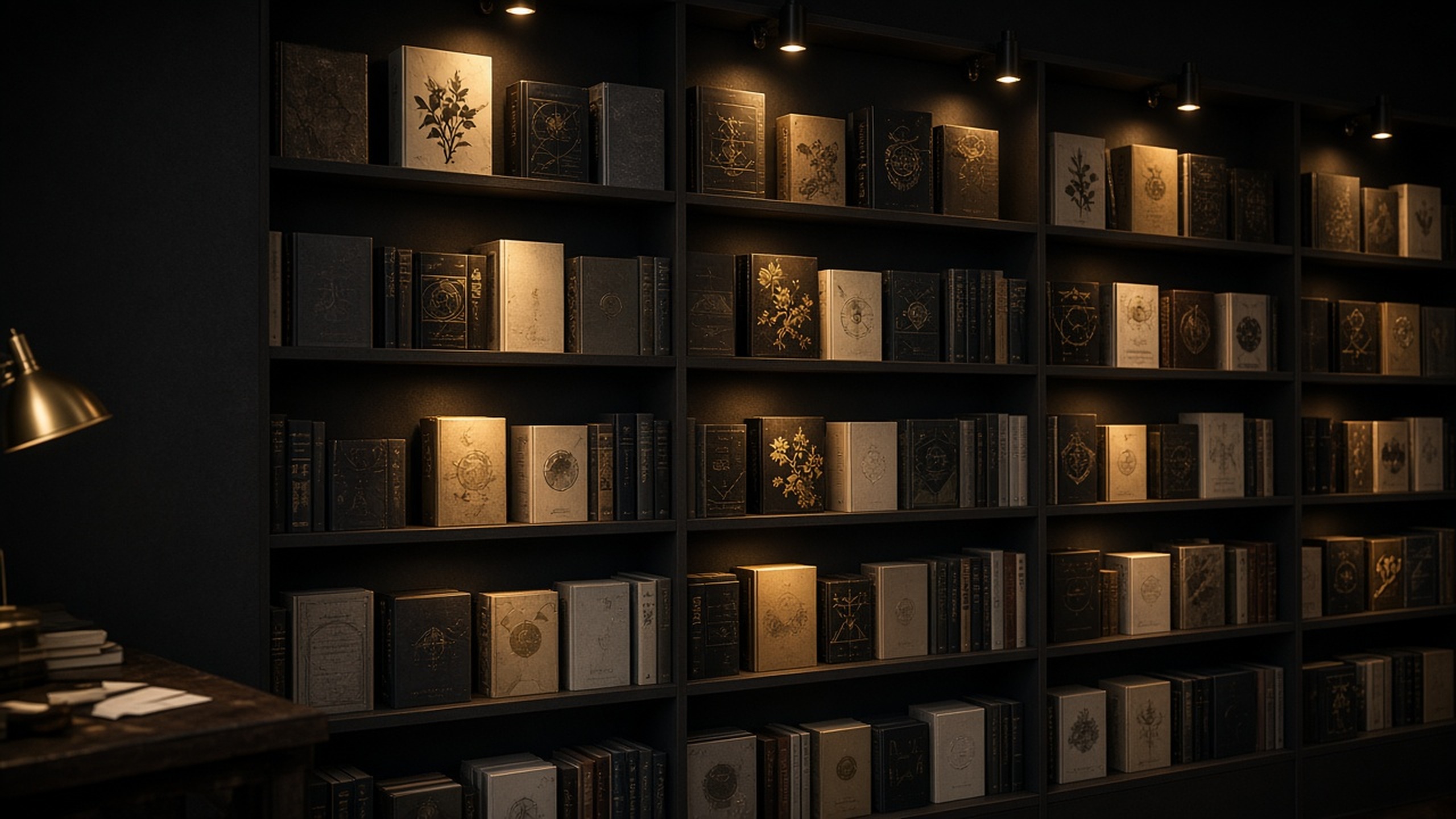 Wall of workshop book covers in a dark boutique bookstore